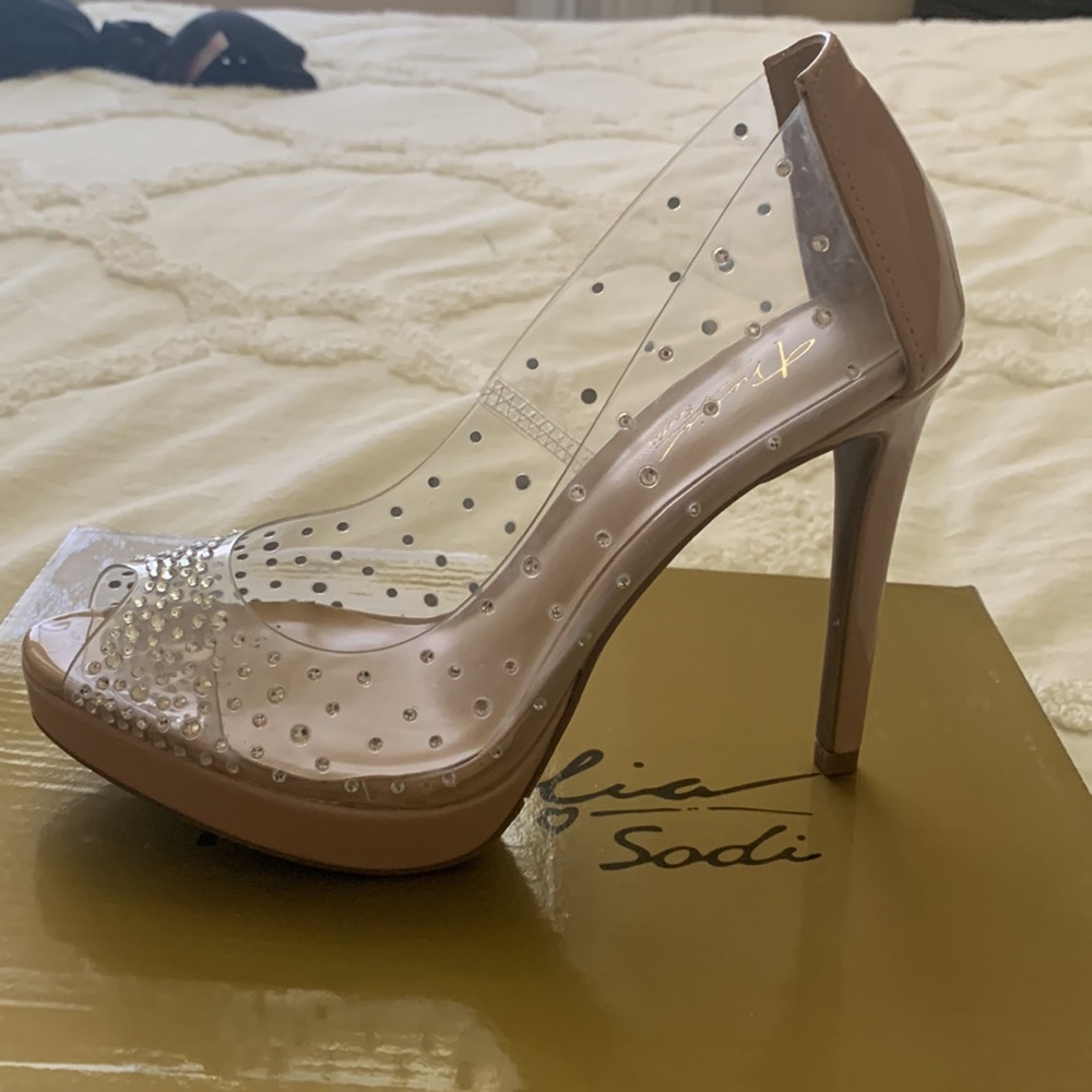 Nude rhinestone platform heels